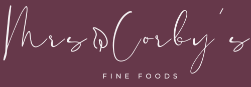 Logo of Mrs Corby's Fine Foods on a dark red background